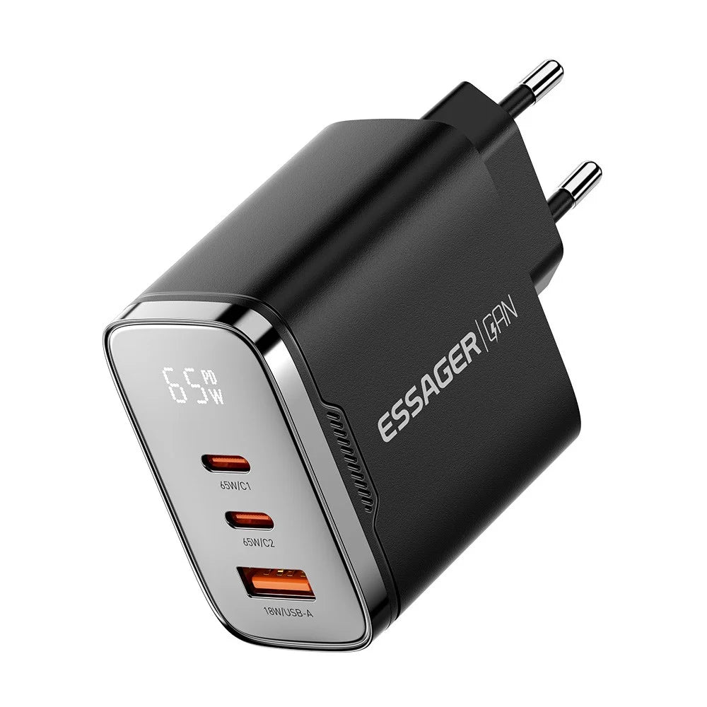 ESSAGER ES-CD64 65W GaN Wall Charger 3-Port 2 USB-C+USB-A Fast Charging Digital Display Travel Power Adapter - Black / EU Plug - 1