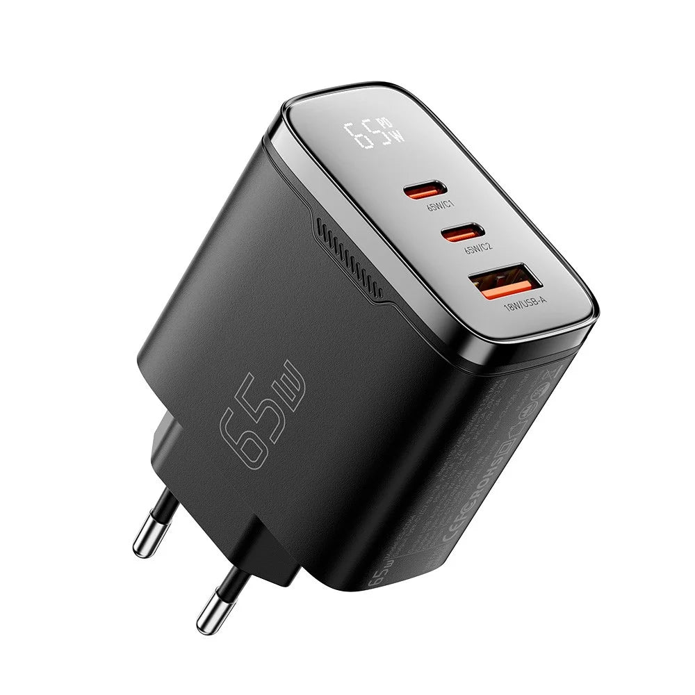 ESSAGER ES-CD64 65W GaN Wall Charger 3-Port 2 USB-C+USB-A Fast Charging Digital Display Travel Power Adapter - Black / EU Plug - 2