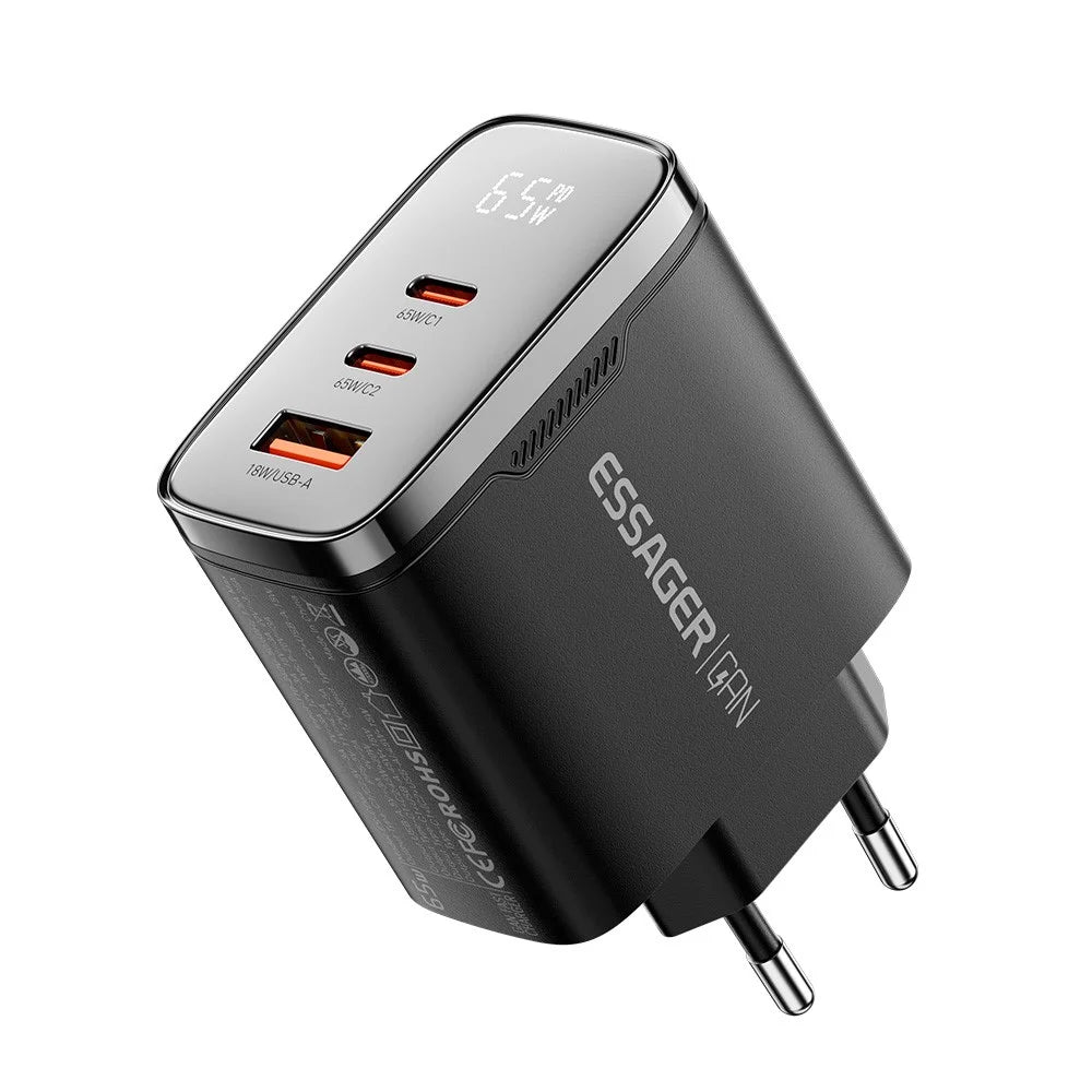 ESSAGER ES-CD64 65W GaN Wall Charger 3-Port 2 USB-C+USB-A Fast Charging Digital Display Travel Power Adapter - Black / EU Plug - 3