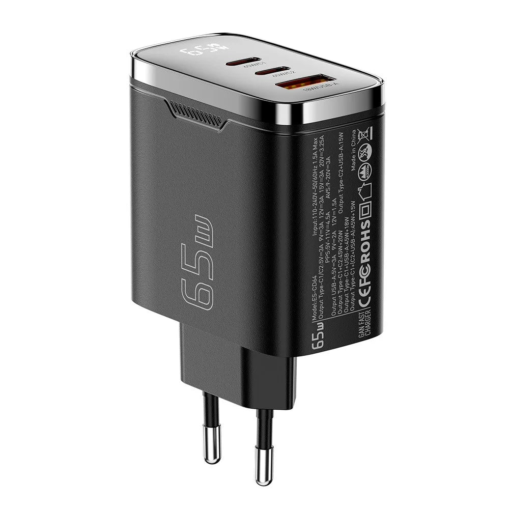 ESSAGER ES-CD64 65W GaN Wall Charger 3-Port 2 USB-C+USB-A Fast Charging Digital Display Travel Power Adapter - Black / EU Plug - 4