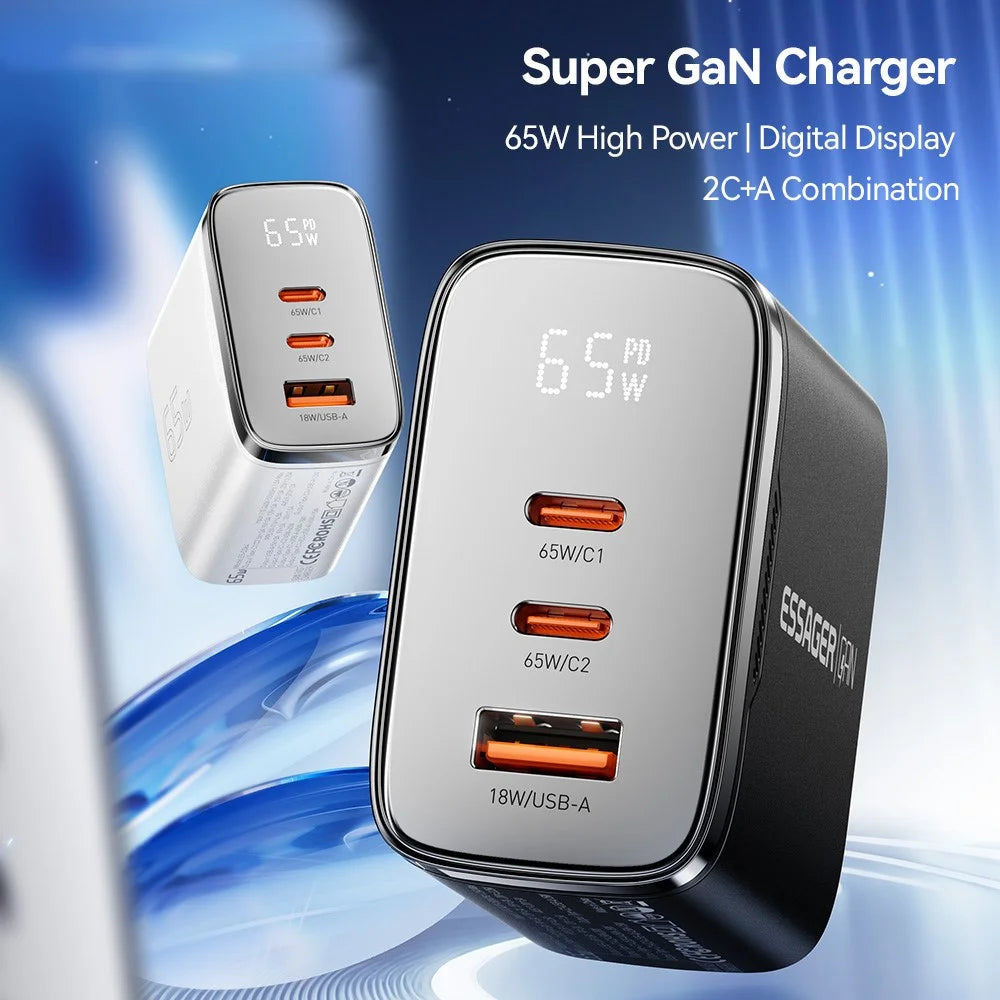 ESSAGER ES-CD64 65W GaN Wall Charger 3-Port 2 USB-C+USB-A Fast Charging Digital Display Travel Power Adapter - Black / EU Plug - 5