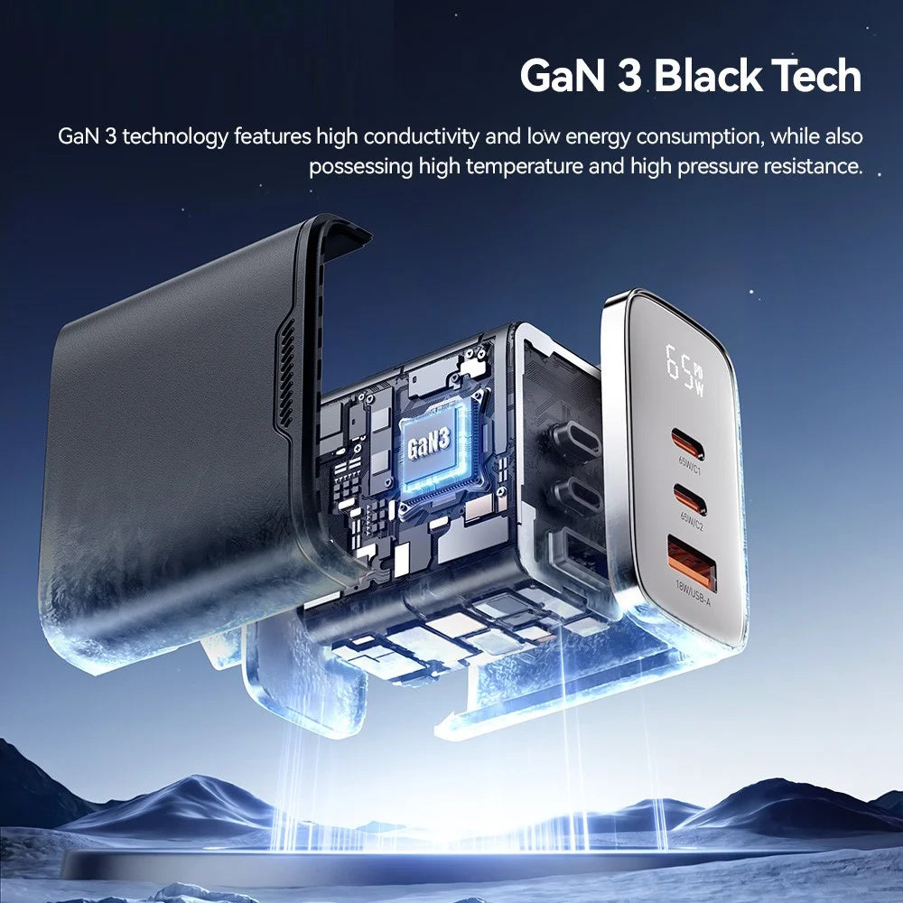 ESSAGER ES-CD64 65W GaN Wall Charger 3-Port 2 USB-C+USB-A Fast Charging Digital Display Travel Power Adapter - Black / EU Plug - 7