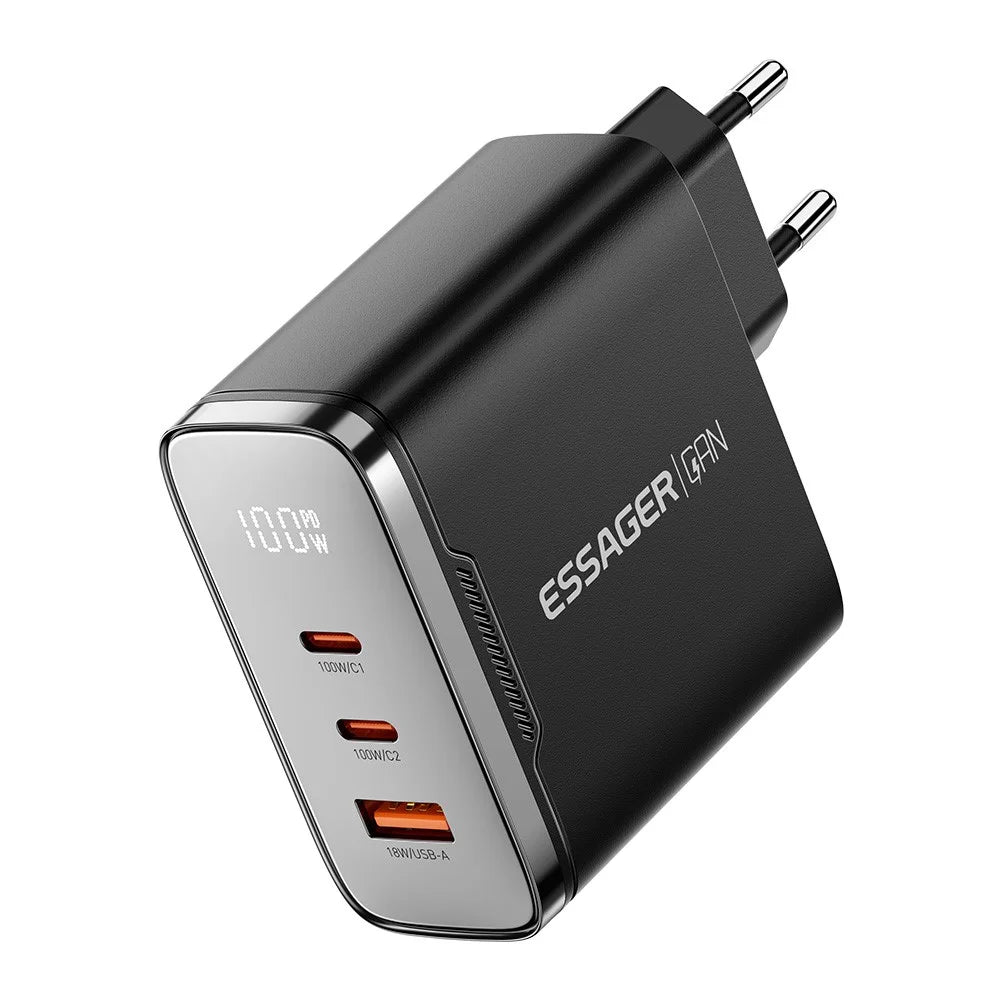 ESSAGER ES-CD56 100W GaN Wall Charger 3-Port 2 USB-C+USB-A Fast Charging Digital Display Travel Power Adapter - Black / EU Plug - 1