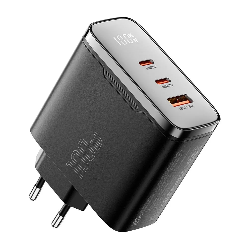 ESSAGER ES-CD56 100W GaN Wall Charger 3-Port 2 USB-C+USB-A Fast Charging Digital Display Travel Power Adapter - Black / EU Plug - 2