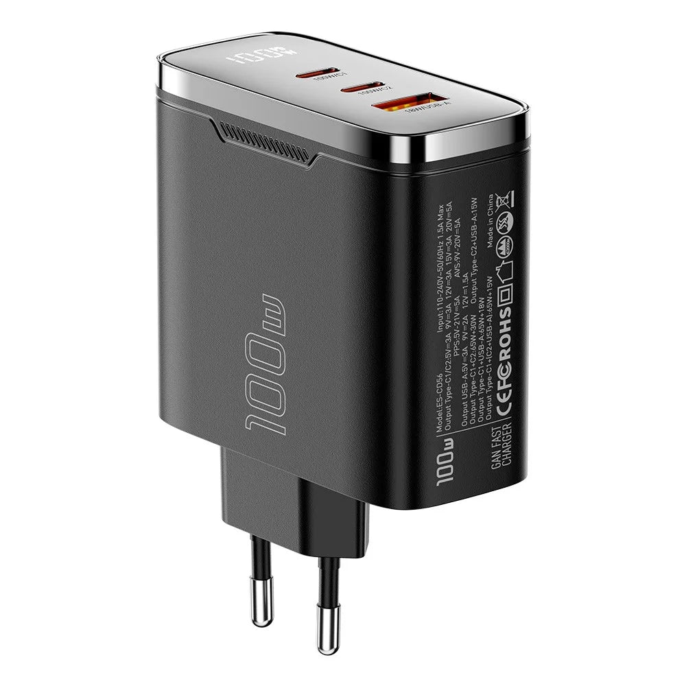 ESSAGER ES-CD56 100W GaN Wall Charger 3-Port 2 USB-C+USB-A Fast Charging Digital Display Travel Power Adapter - Black / EU Plug - 4