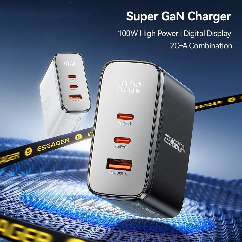 ESSAGER ES-CD56 100W GaN Wall Charger 3-Port 2 USB-C+USB-A Fast Charging Digital Display Travel Power Adapter - Black / EU Plug - 5