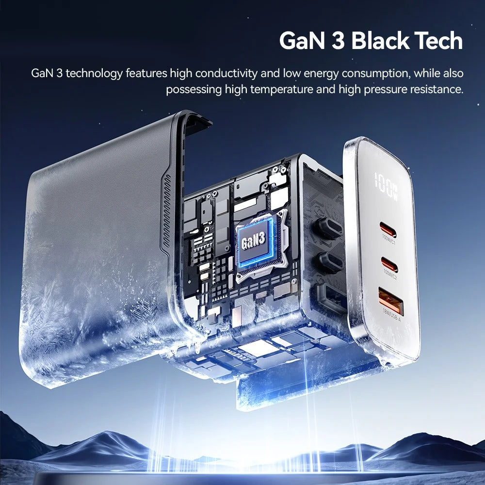 ESSAGER ES-CD56 100W GaN Wall Charger 3-Port 2 USB-C+USB-A Fast Charging Digital Display Travel Power Adapter - Black / EU Plug - 7