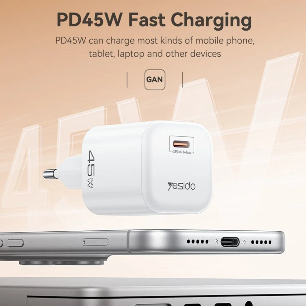 YESIDO YC116 PD 45W GaN Charger Single Port Type-C Fast Charging Adapter with Braided USB-C Cable - EU Plug - 3