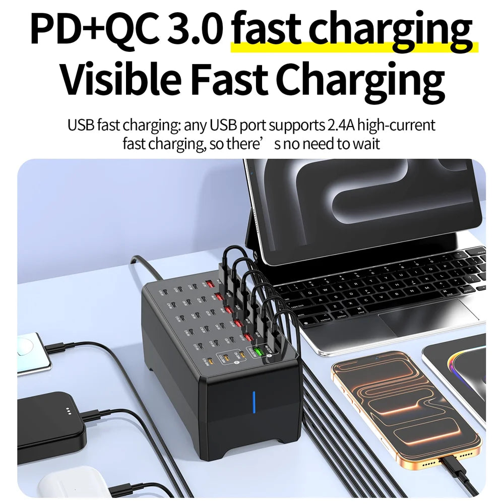 WLX-268F 30-Port Desktop Charger Hub with 18 USB-C and 12 USB-A Ports 30W Fast Charging Station - US Plug - 5