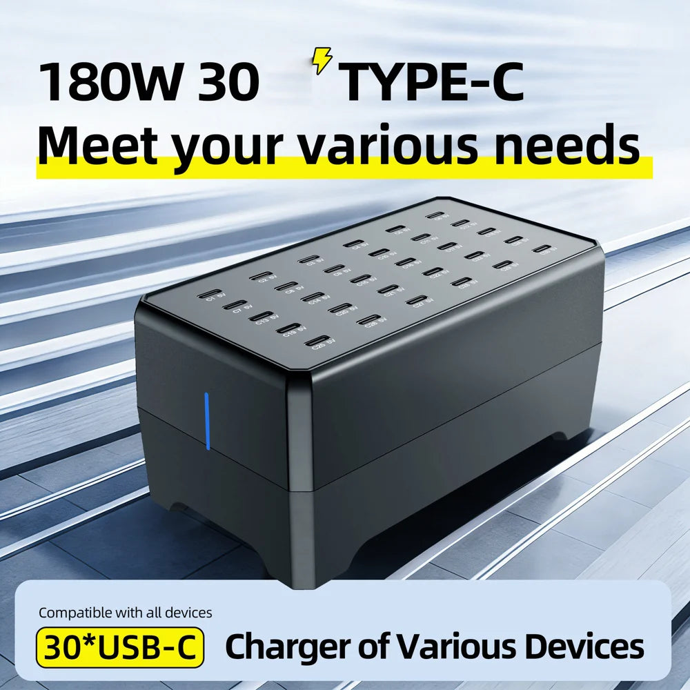 WLX-268E 30-Port USB-C Charging Station Portable 12W Desktop Multi-Port Charger Hub for Phone Tablet - US Plug - 3