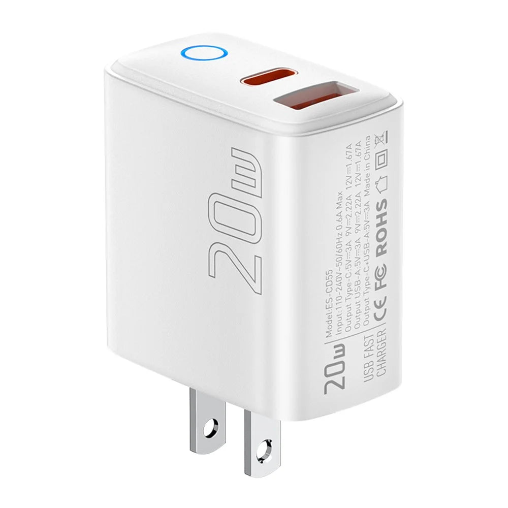 ESSAGER ES-CD55 20W Wall Charger Dual Port USB-A + Type-C Fast Charging Adapter for Phone - US Plug - 1