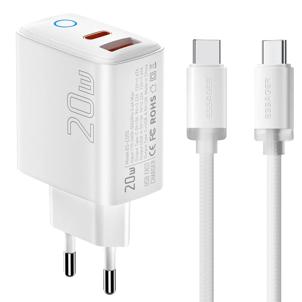 ESSAGER ES-CD55 20W Charger Set Dual Port USB-A + Type-C Fast Charging Adapter with Type-C to Type-C Cable - EU Plug - 1