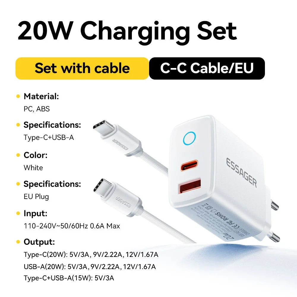 ESSAGER ES-CD55 20W Charger Set Dual Port USB-A + Type-C Fast Charging Adapter with Type-C to Type-C Cable - EU Plug - 2