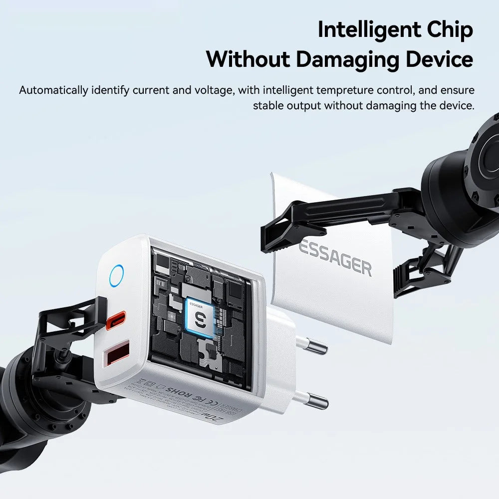 ESSAGER ES-CD55 20W Charger Set Dual Port USB-A + Type-C Fast Charging Adapter with Type-C to Type-C Cable - EU Plug - 6