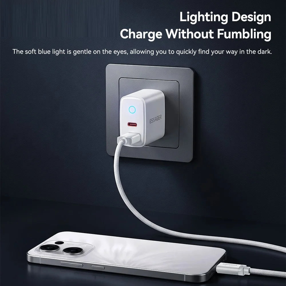 ESSAGER ES-CD55 20W Charger Set Dual Port USB-A + Type-C Fast Charging Adapter with Type-C to Type-C Cable - EU Plug - 7