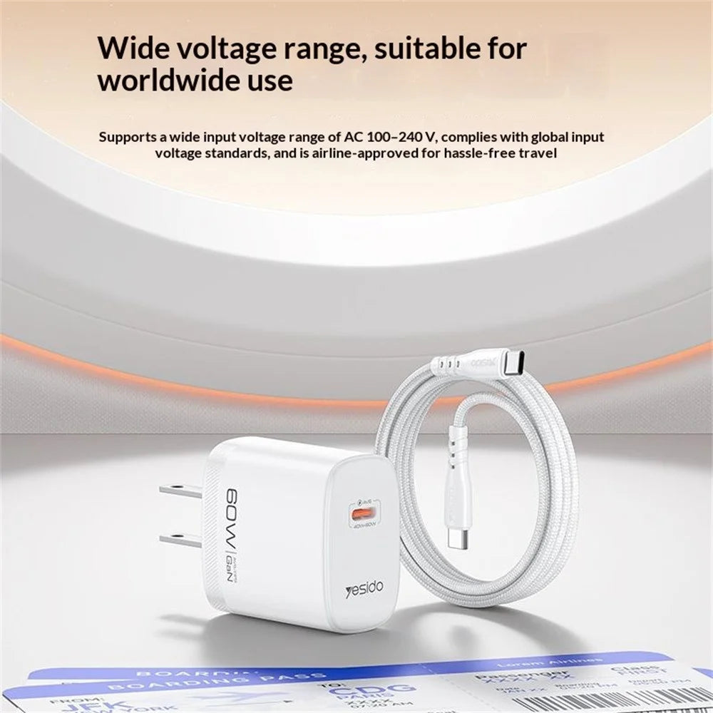 YESIDO YC25U 60W GaN Charger AVS Dynamic Fast Charging Adapter + Type-C to Type-C Cable , US Plug - White - 5