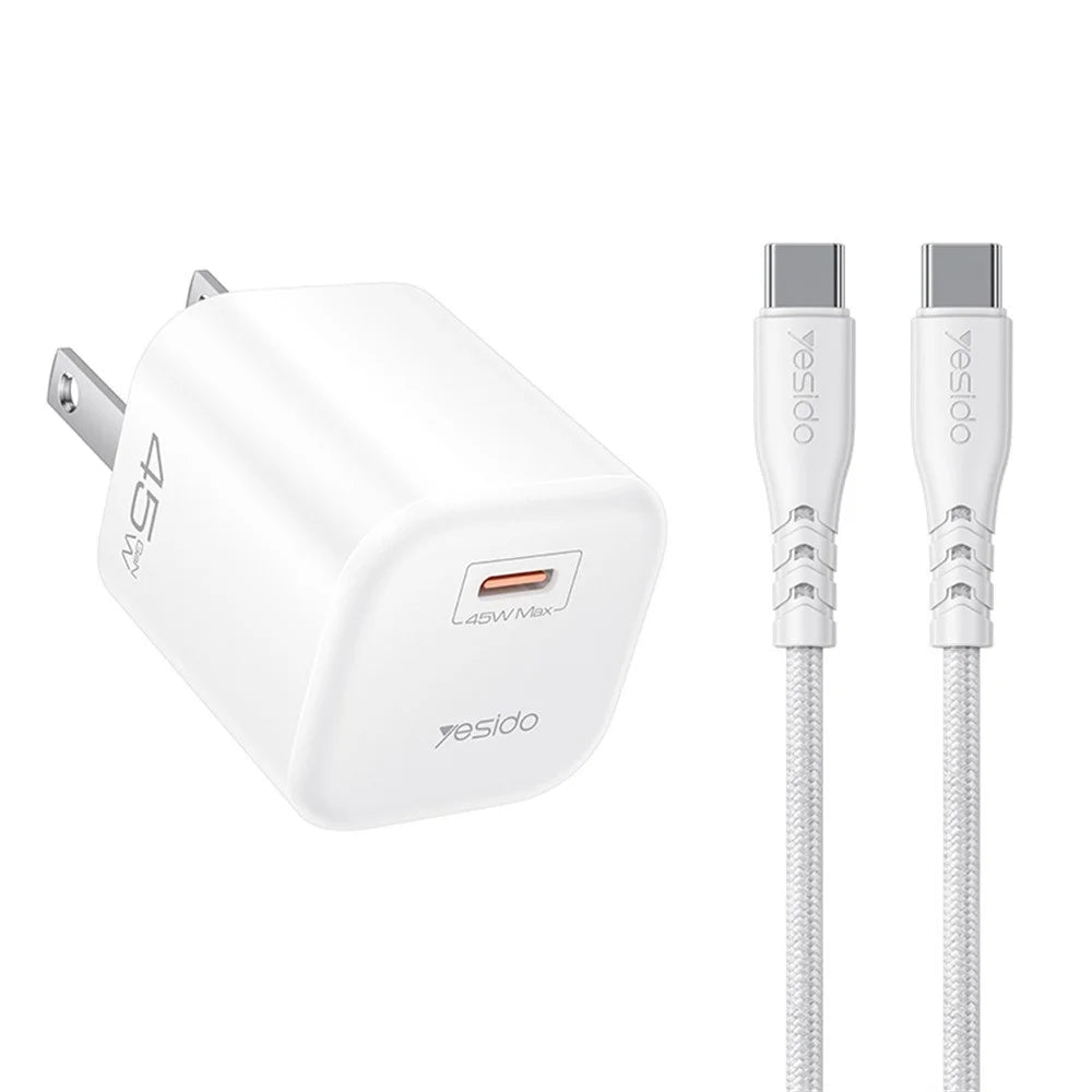 YESIDO YC26U PD 45W GaN Charger Single Port Fast Charging Adapter + Type-C to Type-C Cable , US Plug - White - 1