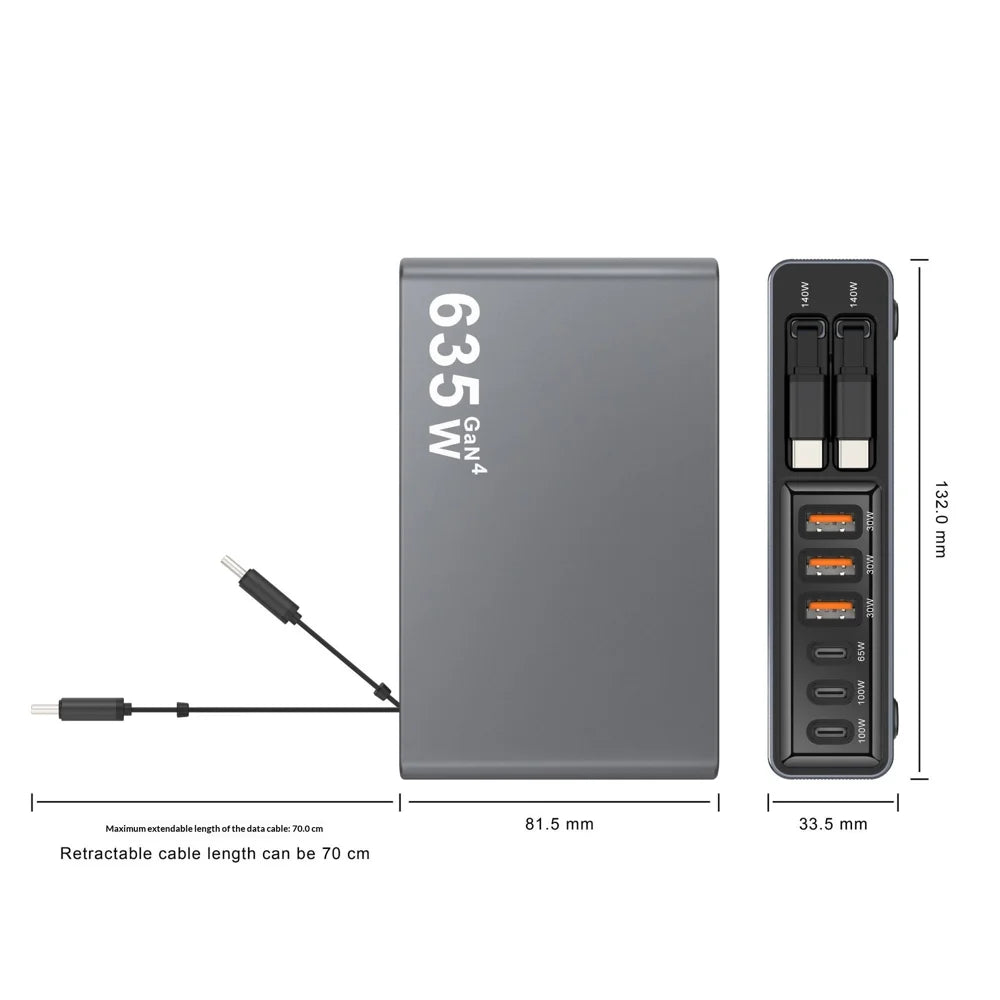 8-Port GaN Desktop Charger 140W Fast Charging Station with Dual Retractable Type-C Cables - US Plug - 4