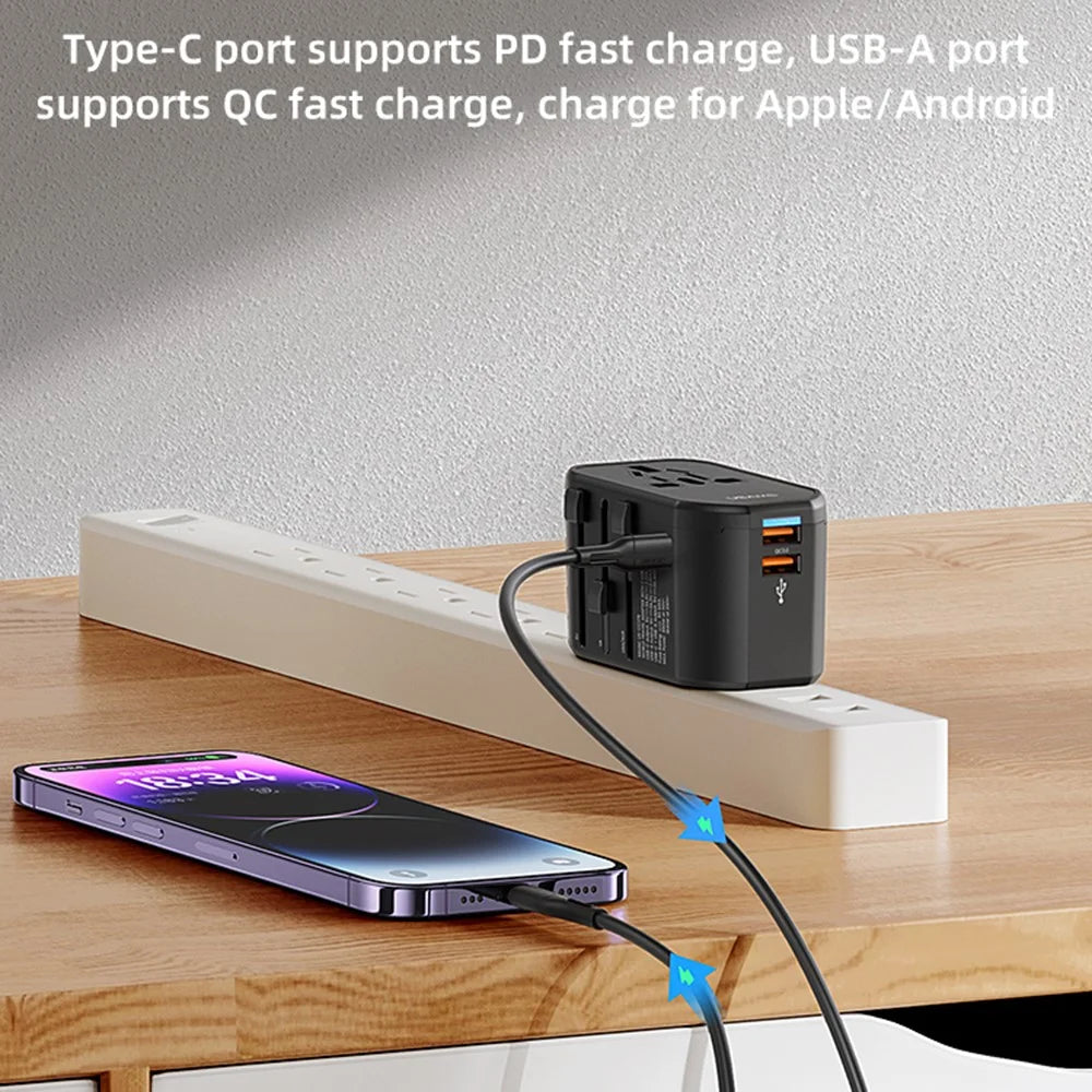 USAMS US-CC179 T59 Dual USB + Type-C PD 20W Fast Charging PC Power Adapter Global Travel Socket Converter - 5