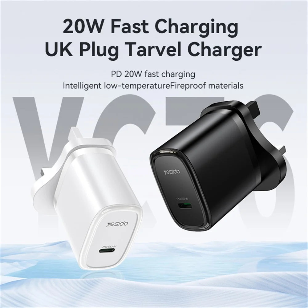YESIDO UK Plug PD 20W Single Type-C Powerport Block Charger Compact Wall Charger - Black - 5