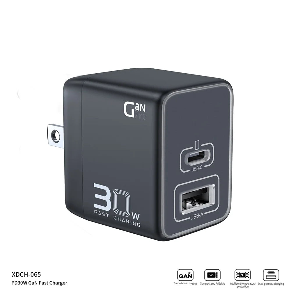 XUNDD XDCH-065 Type-C+USB-A 30W Fast Charging Block Portable GaN Power Adapter - US Plug - 3