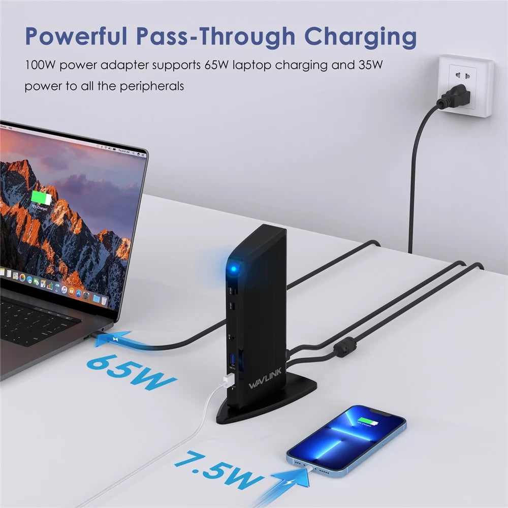 WAVLINK UG39PD1 13-in-1 USB C Docking Station Triple Monitors 4K HD Compatible for Windows / Mac OS - US Plug - 5
