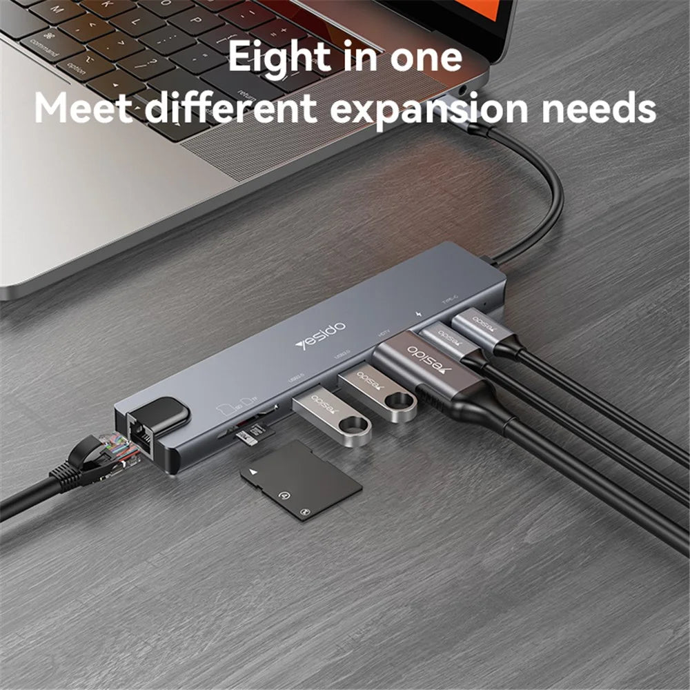 YESIDO HB27 8-in-1 USB Hub Docking Station Type-C to 2xUSB3.0 + USB-C3.0 Data + PD 100W + RJ45 + SD / TF + 4K HD Adapter - 2