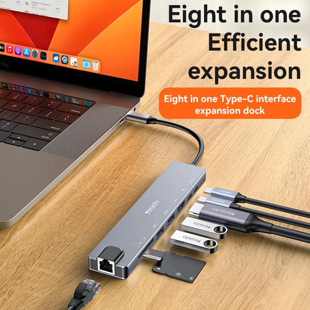 YESIDO HB27 8-in-1 USB Hub Docking Station Type-C to 2xUSB3.0 + USB-C3.0 Data + PD 100W + RJ45 + SD / TF + 4K HD Adapter - 5