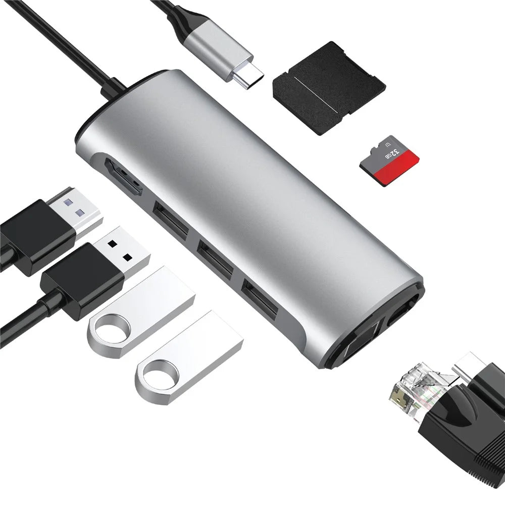 FX-1926B 8 in 1 Type-C Hub Dongle with HD 4K@60Hz / RJ45 Ethernet / 100W Power Delivery / SD / TF Card Reader - 2