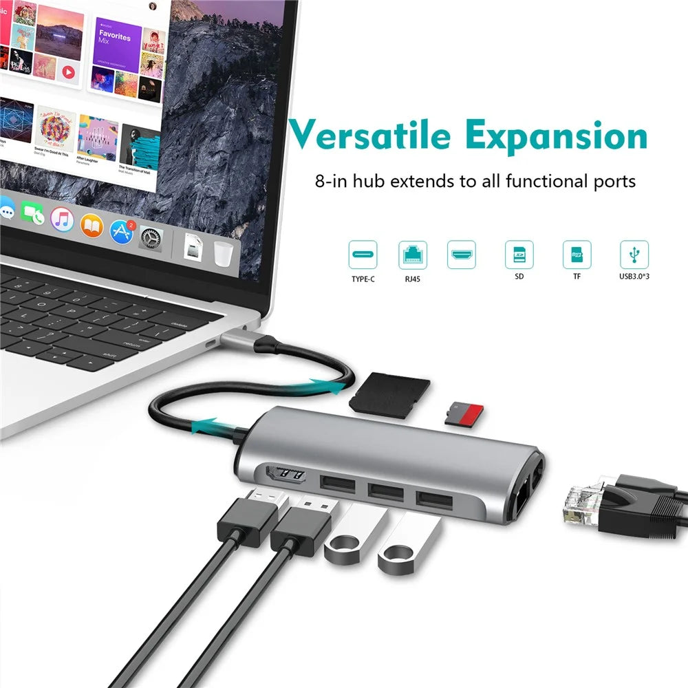 FX-1926B 8 in 1 Type-C Hub Dongle with HD 4K@60Hz / RJ45 Ethernet / 100W Power Delivery / SD / TF Card Reader - 6
