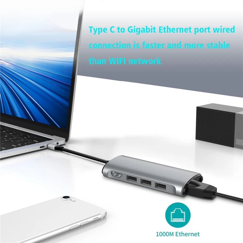 FX-1926B 8 in 1 Type-C Hub Dongle with HD 4K@60Hz / RJ45 Ethernet / 100W Power Delivery / SD / TF Card Reader - 7