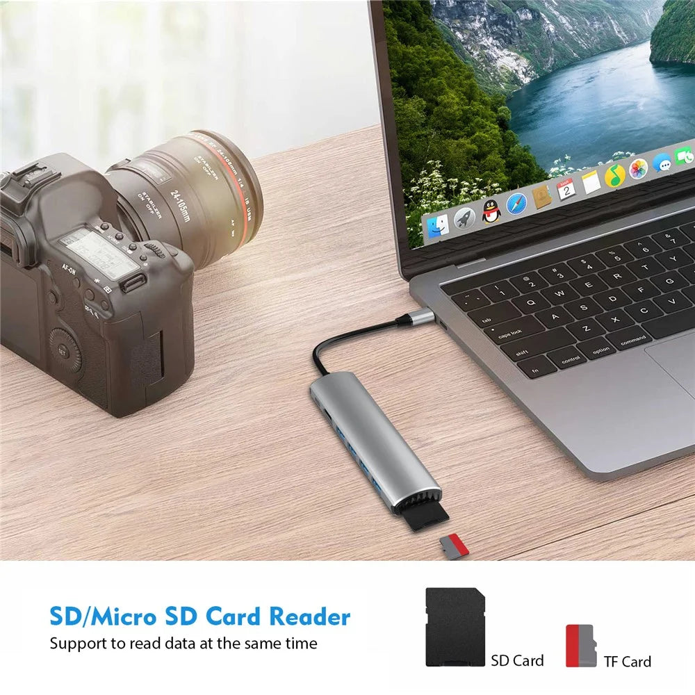 FX-1919H 8-in-1 USB Hub Docking Station Type-C to USB-C + 4xUSB3.0 + SD / TF Slot + 4K HD Adapter - 4