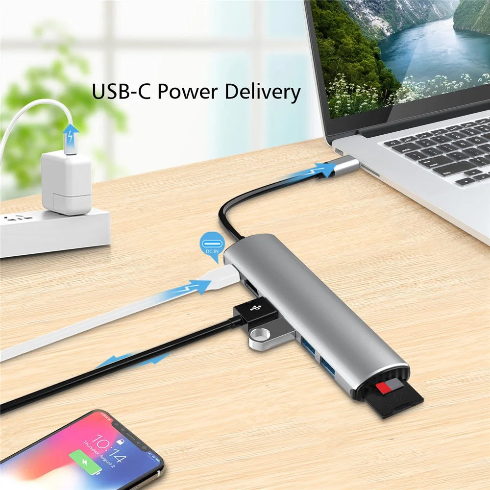 FX-1919H 8-in-1 USB Hub Docking Station Type-C to USB-C + 4xUSB3.0 + SD / TF Slot + 4K HD Adapter - 5