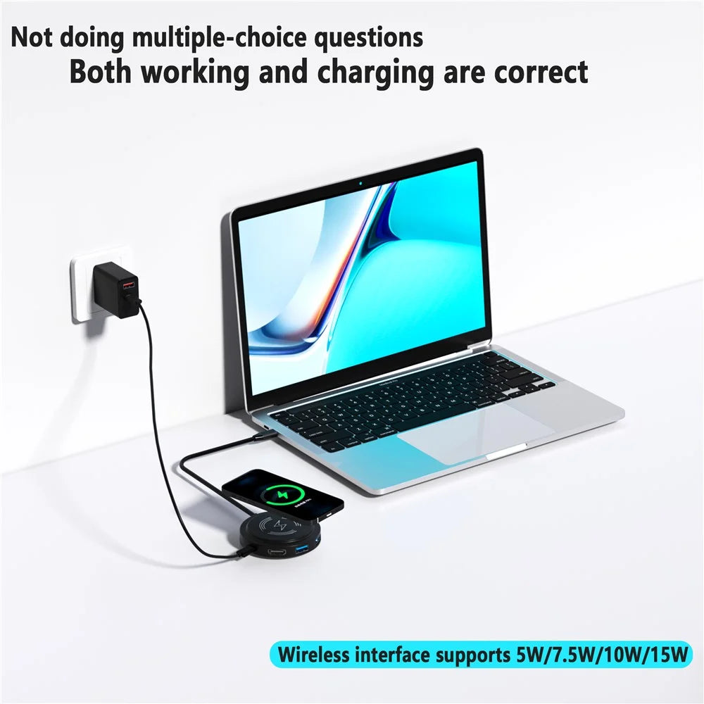 FX-2318A 6-in-1 Type-C Hub 15W Wireless Charger Round Docking Station with 4K HD Output - 3