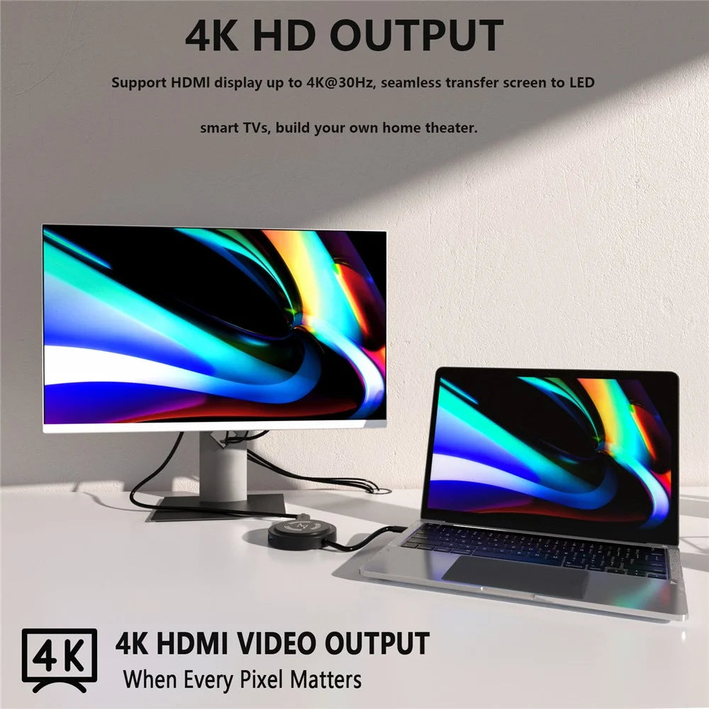 FX-2318A 6-in-1 Type-C Hub 15W Wireless Charger Round Docking Station with 4K HD Output - 4