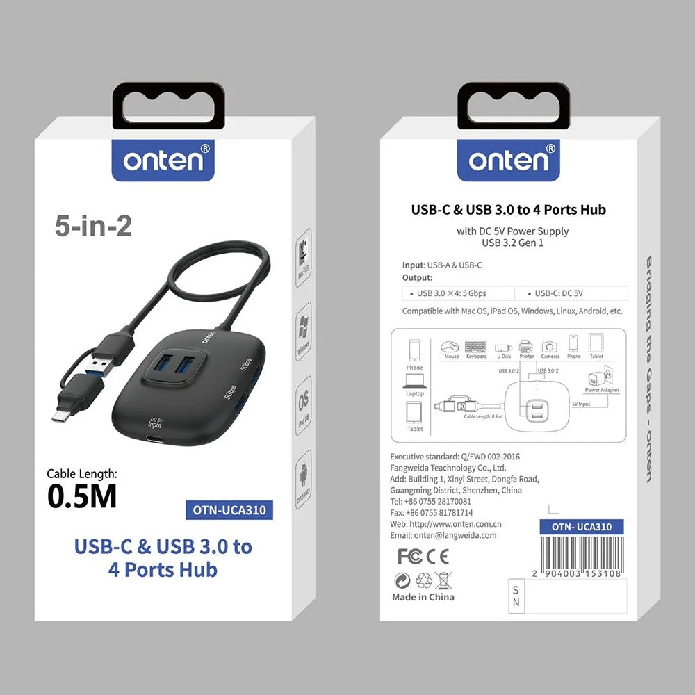 ONTEN OTN-UCA310 USB-A / USB-C to 4 x USB3.0 + USB-C Hub 5Gbps Transfer Speed Adapter - 4