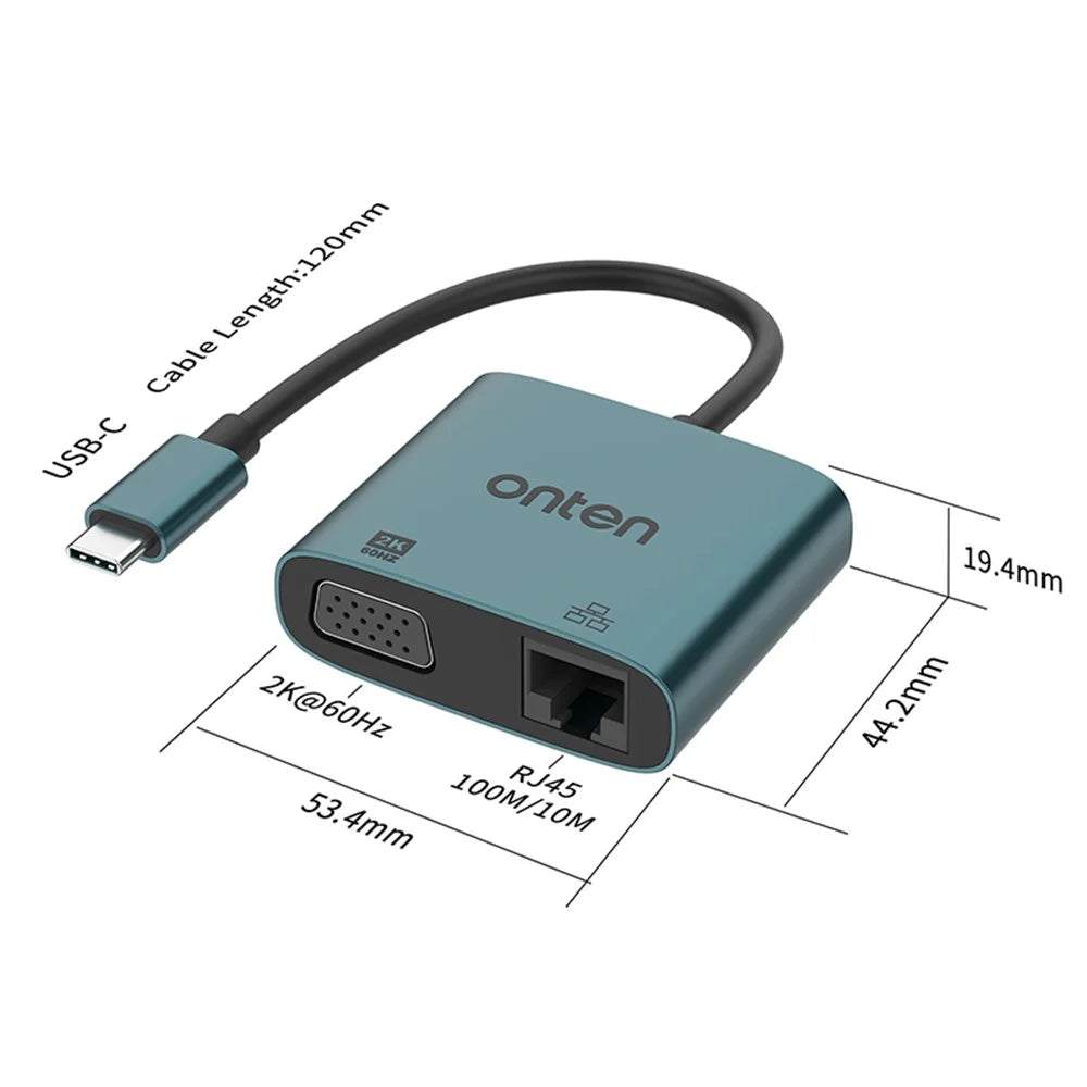 ONTEN UC289 USB-C to VGA 2K 60Hz Video Converter with Ethernet Port for Laptops Tablets Smartphones - 5