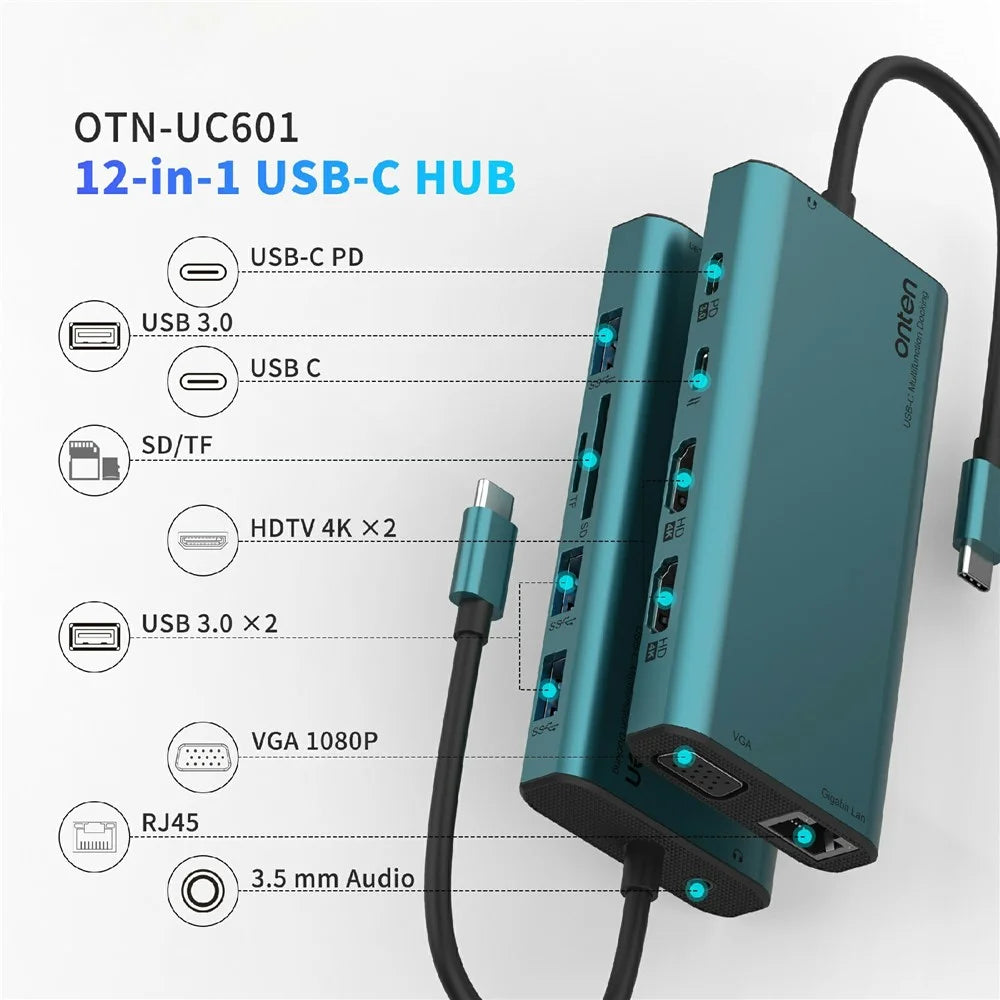 ONTEN UC601 USB 3.0 Hub Docking Station Gigabit Ethernet RJ45 / Dual HD 4K / Type-C Multifunction Adapter - Green - 3