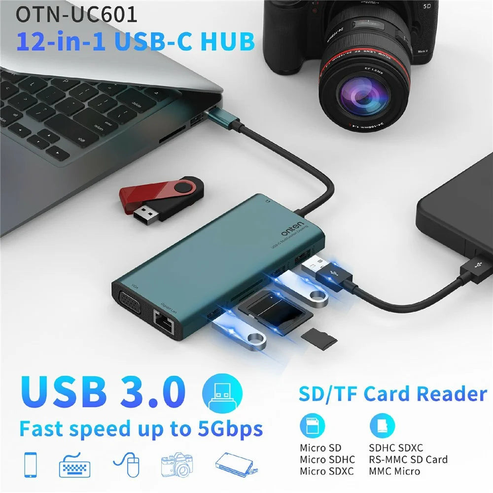 ONTEN UC601 USB 3.0 Hub Docking Station Gigabit Ethernet RJ45 / Dual HD 4K / Type-C Multifunction Adapter - Green - 4