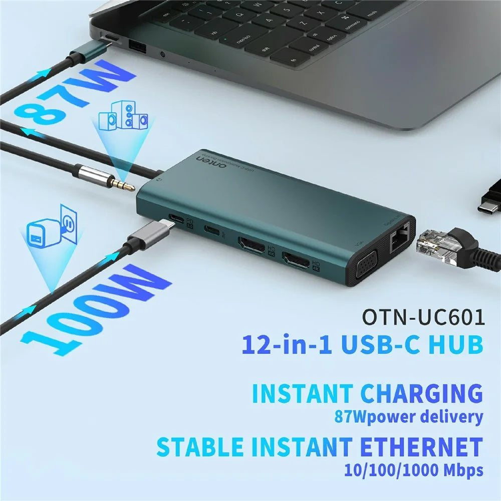 ONTEN UC601 USB 3.0 Hub Docking Station Gigabit Ethernet RJ45 / Dual HD 4K / Type-C Multifunction Adapter - Green - 5