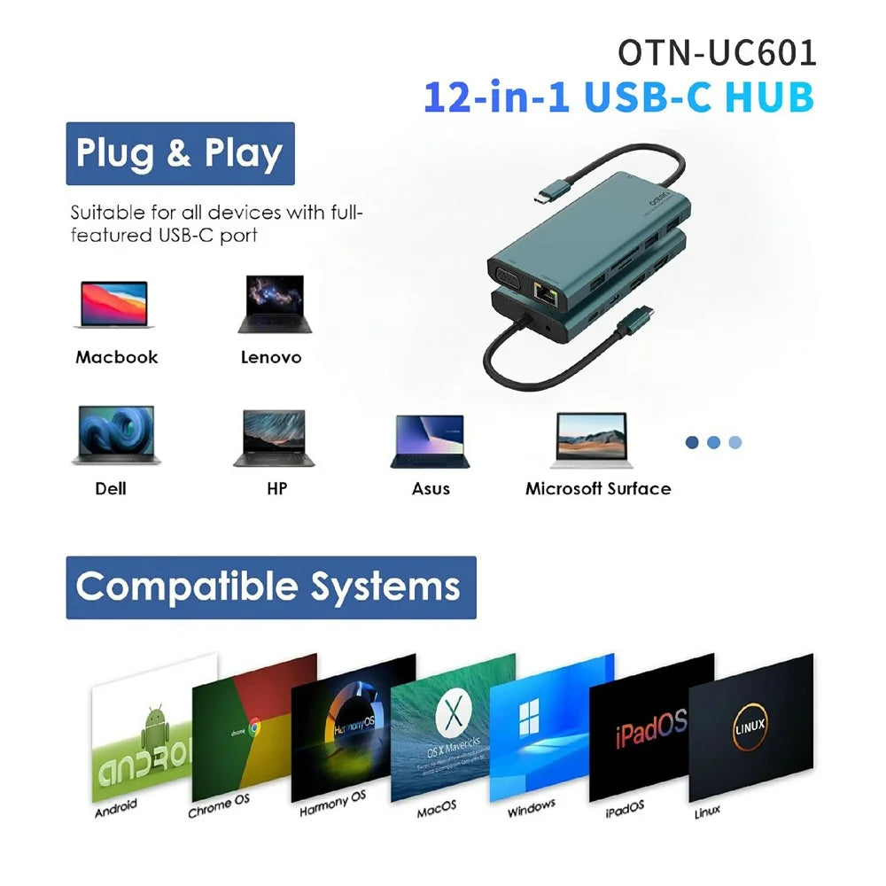 ONTEN UC601 USB 3.0 Hub Docking Station Gigabit Ethernet RJ45 / Dual HD 4K / Type-C Multifunction Adapter - Green - 7