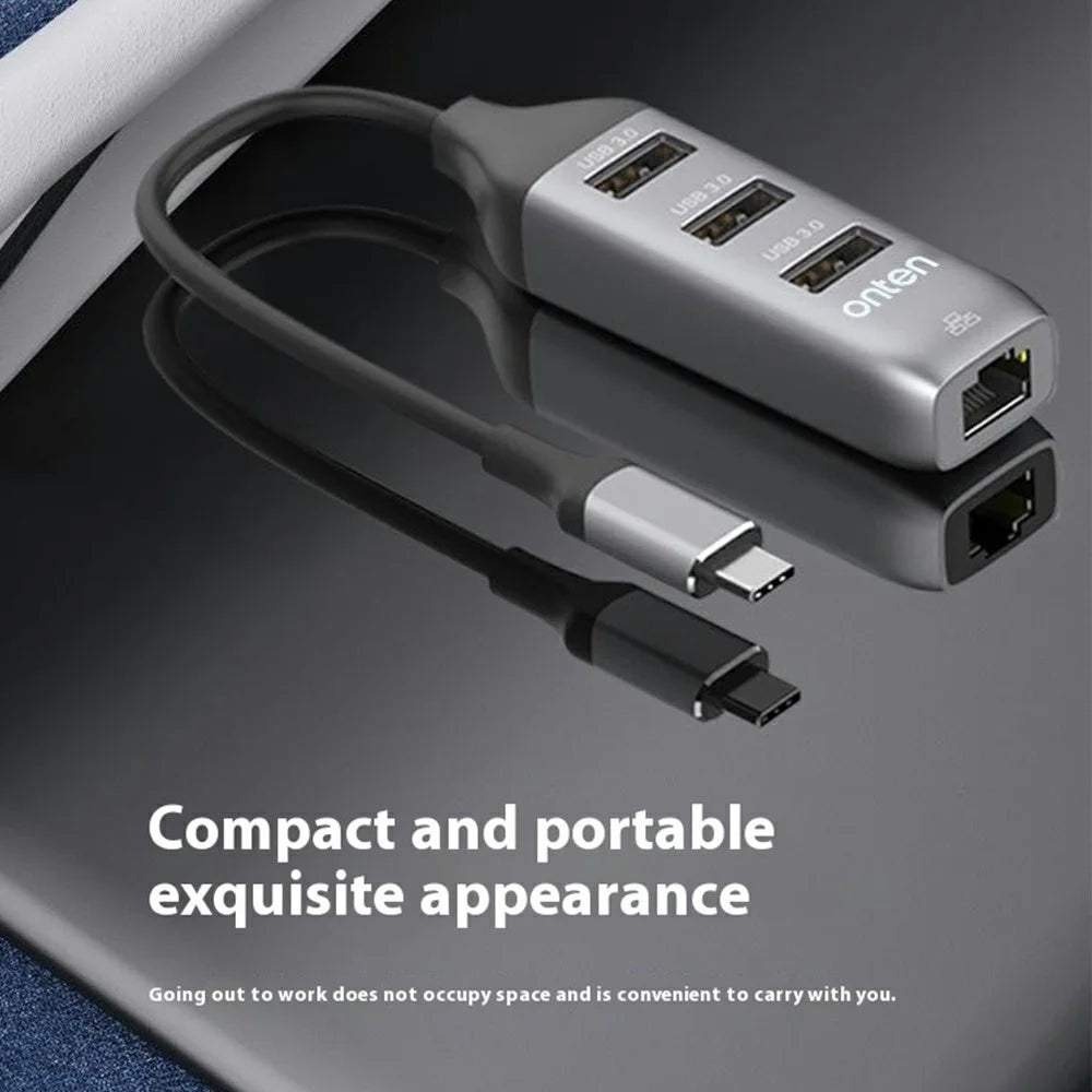 ONTEN 95118R Type-C to RJ45 Gigabit Ethernet Port + 3 x USB3.0 Hub 1000M Network Adapter - 6