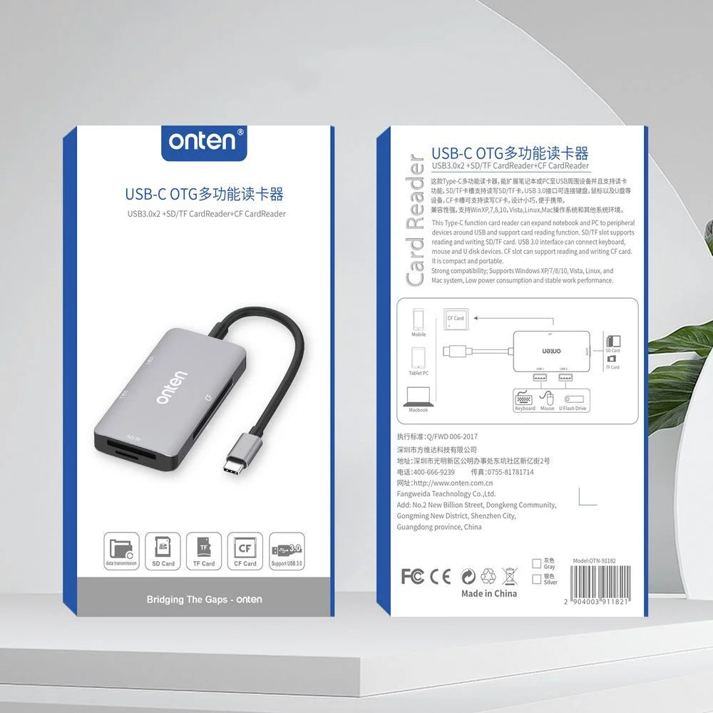 ONTEN OTN-91182 Type-C to 2 x USB3.0 + SD / TF 3.0 + CF 3.0 Multifunctional Camera Card Reader USB3.0 Hub - 7