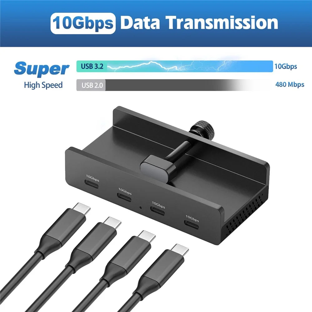 YW-HCL-4C-Pro 4 Ports USB C 3.1 Hub 10Gbps High Speed Data Transfer Clip On External Dock Station - Black - 3