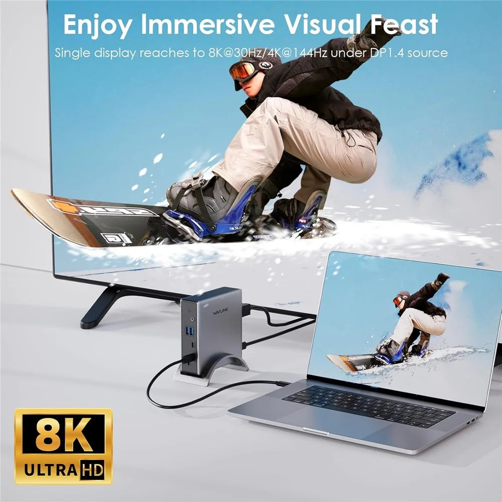 WAVLINK UMD27PRO Laptop Docking Station 2 HD + DP 140W PD Hub Adapter Support 8K 30Hz / 4K 144Hz - US Plug - 5