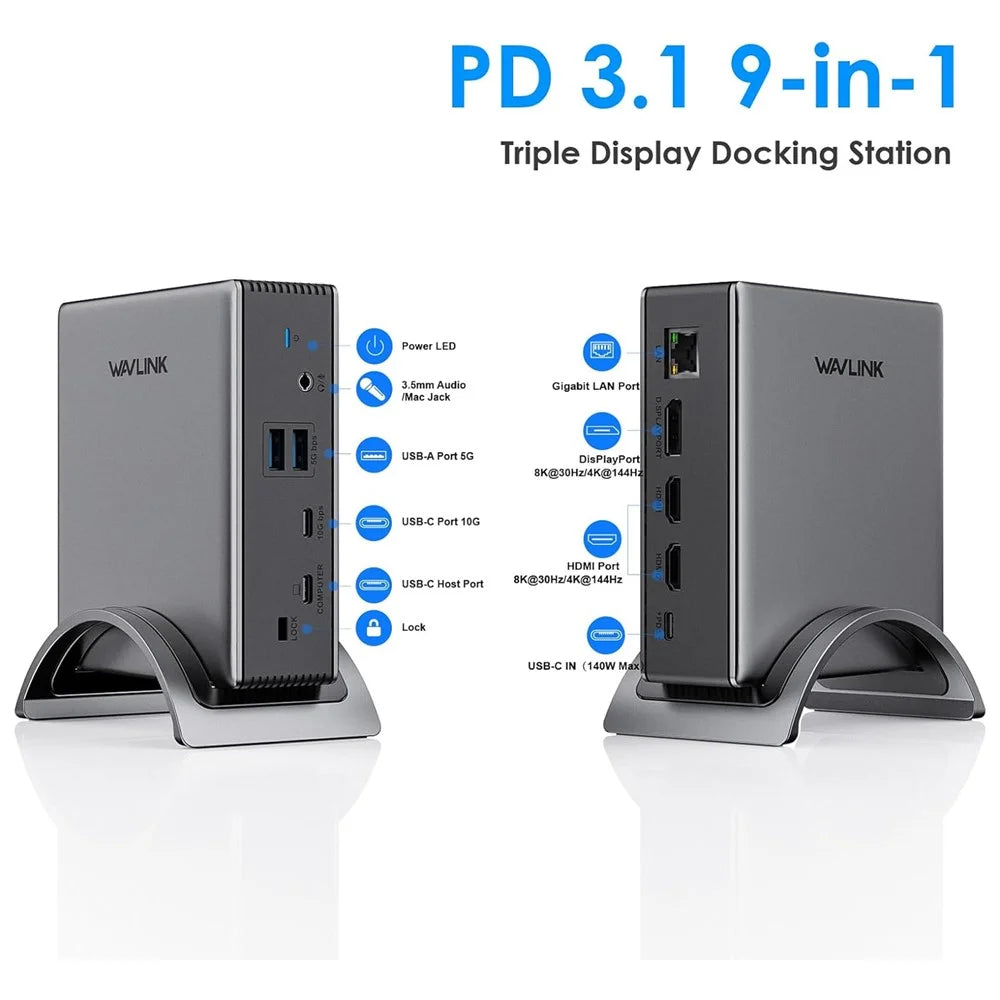 WAVLINK UMD27PRO Laptop Docking Station 2 HD + DP 140W PD Hub Adapter Support 8K 30Hz / 4K 144Hz - US Plug - 7