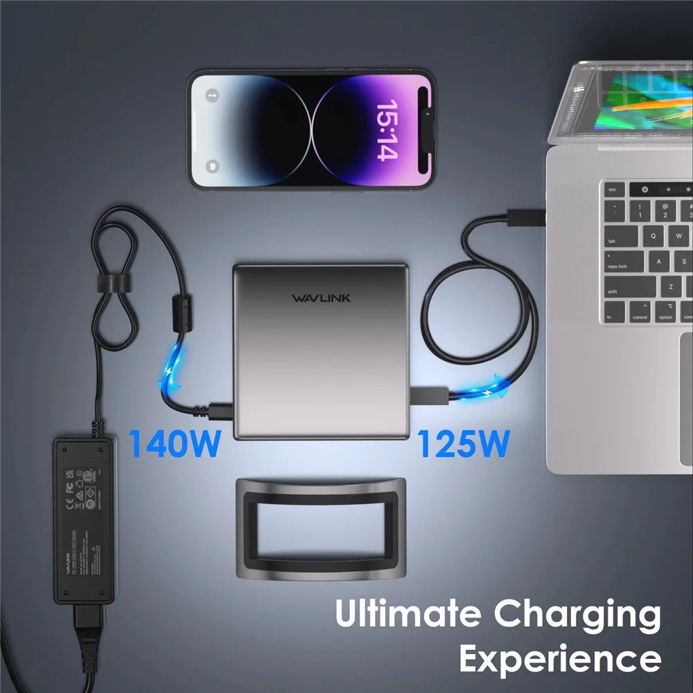 WAVLINK UMD27PRO Laptop Docking Station HD + 2 DP Ports 140W PD USB Hub Support 8K 30Hz / 4K 144Hz - US Plug - 4