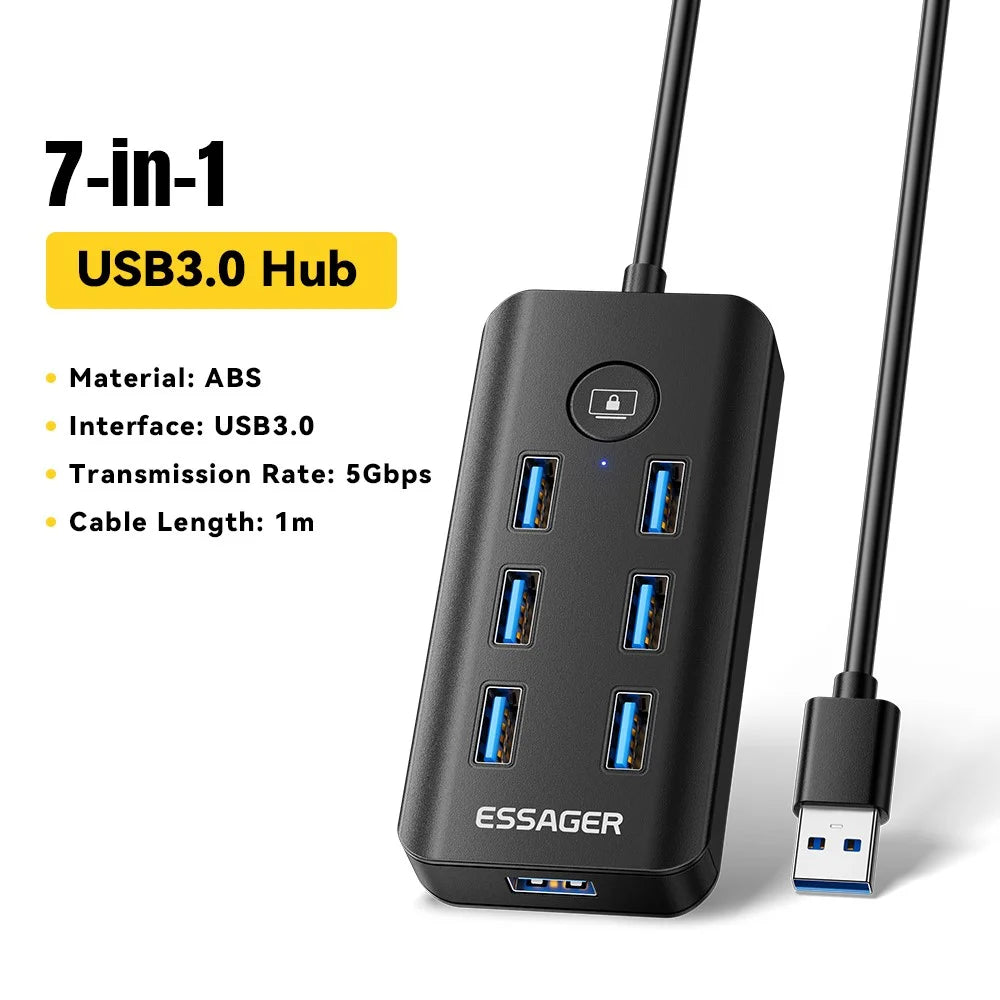 ESSAGER 7 in 1 USB 3.0 Hub For PC / Laptop / MacBook High Speed Data Transfer Multi Port Expansion - 2