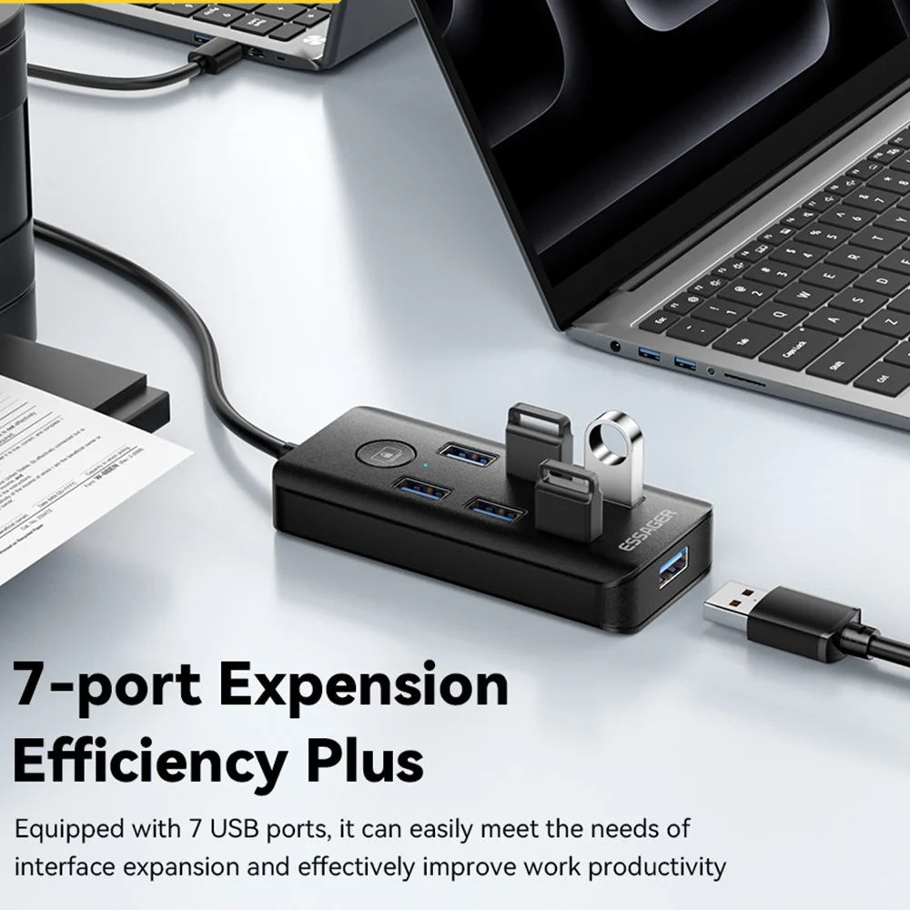 ESSAGER 7 in 1 USB 3.0 Hub For PC / Laptop / MacBook High Speed Data Transfer Multi Port Expansion - 3