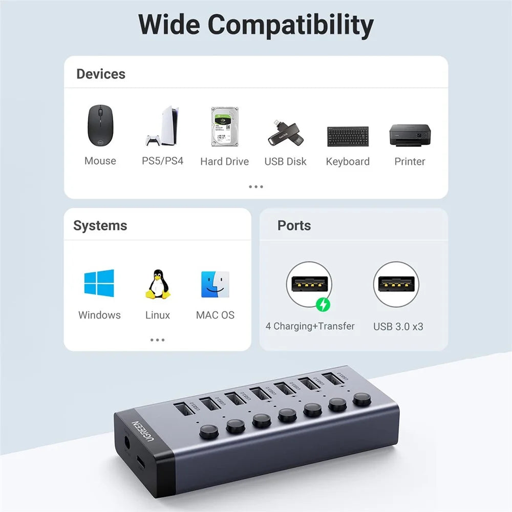 UGREEN CM481 USB 3.0 Splitter Docking Station 7-Port USB Hub Adapter with Extension Cable (CN Plug) - 6